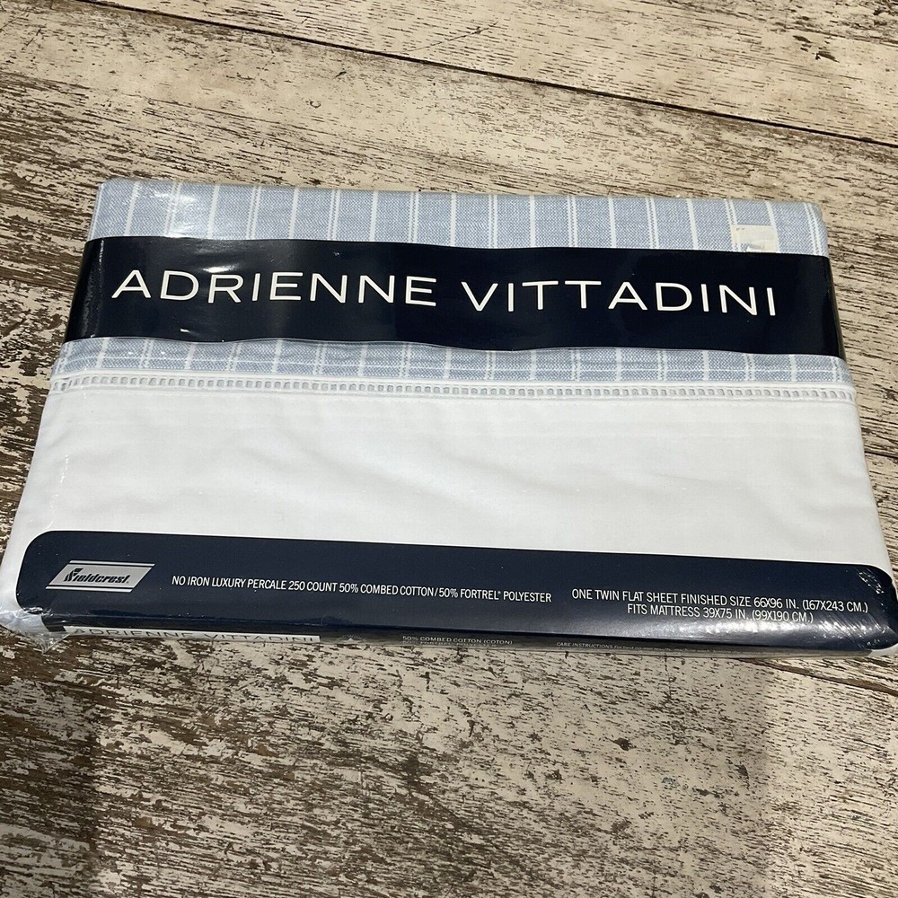VTG ADRIENNE VITTADINI Twin Flat Sheet BLUE OXFORD Striped White Edging Trim NIP